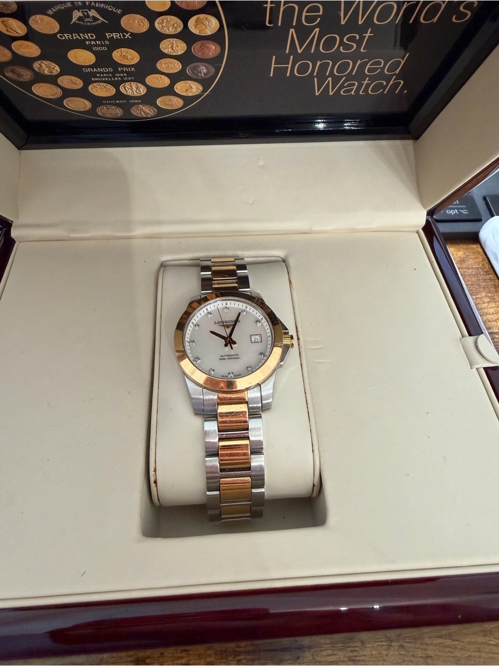 Longines Two-Tone Silver Pink Gold Bracelet Watch with White Dial & Date Window